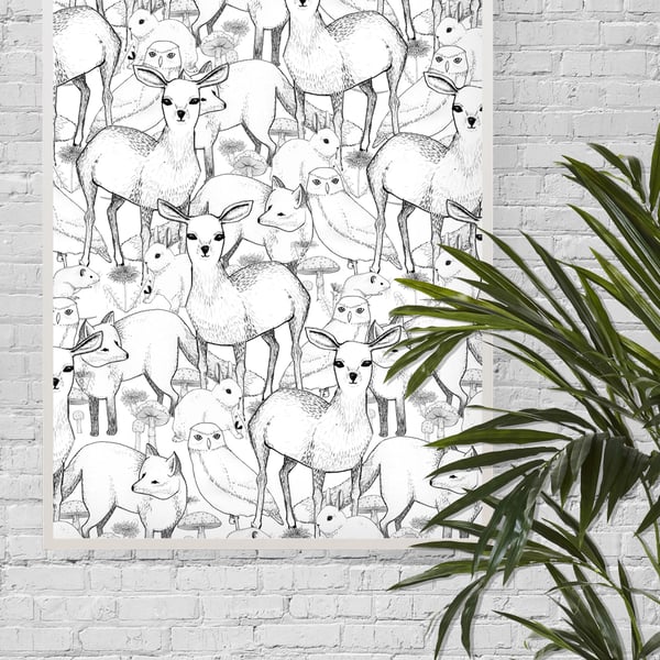 Woodland A3 Giclée Print, with deers, rabbits, owls, foxes and more!