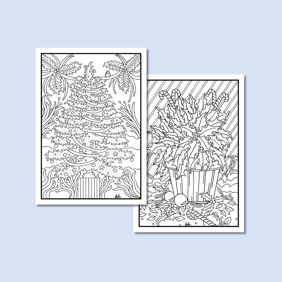 (Digital) Christmas Tree And Holly Plant Two Colouring Pages