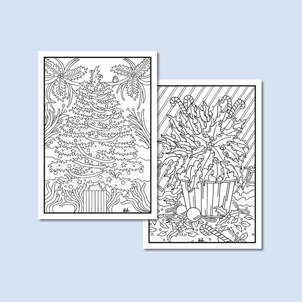 (Digital) Christmas Tree And Holly Plant Two Colouring Pages