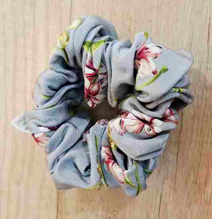 Grey floral handmade scrunchie