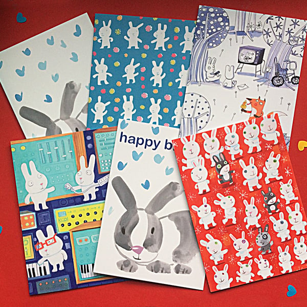 Bunny Rabbit 5 greetings cards multipack  by Jo Brown, fun illustrated cards
