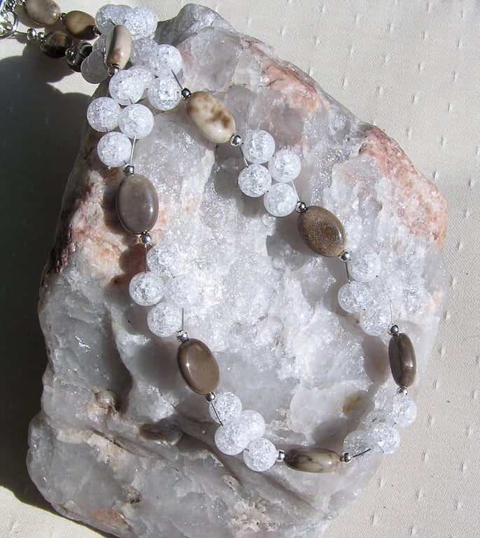 Coffee Agate & Clear Quartz Gemstone Beaded Necklace "Caramel Sparkle"