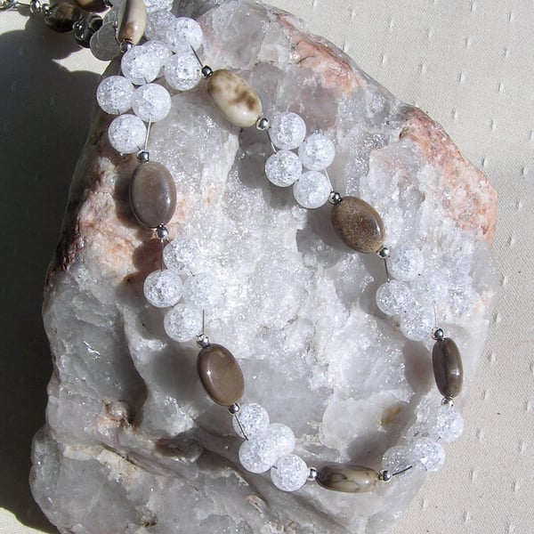 Coffee Agate & Clear Quartz Gemstone Beaded Necklace "Caramel Sparkle"