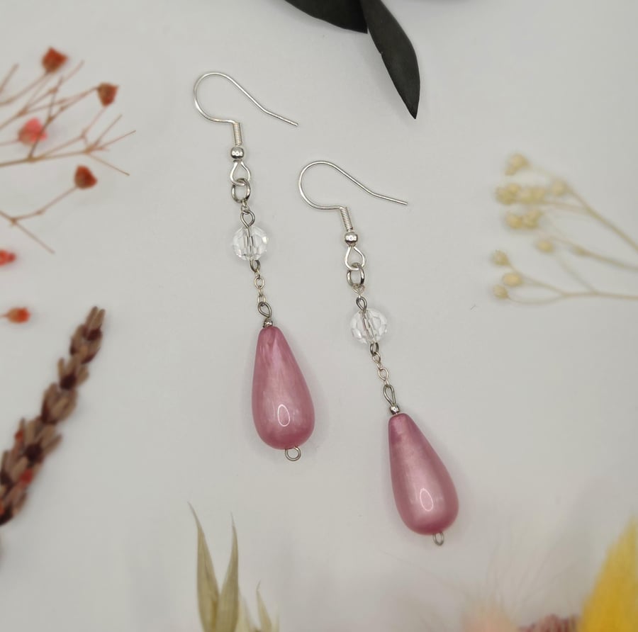 Pink teardrop beaded chain dangle earrings