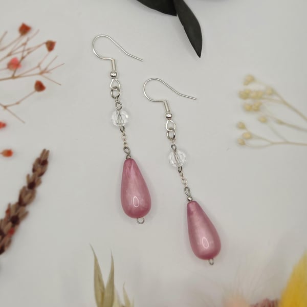 Handmade pink teardrop bead dangle earrings