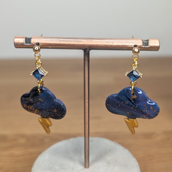Midnight galaxy  blue gem raincloud earrings 