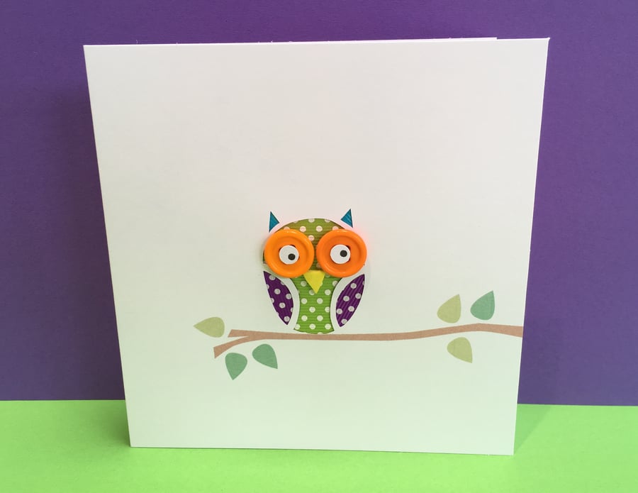 Owl  card - Hand Cut with Button Eyes