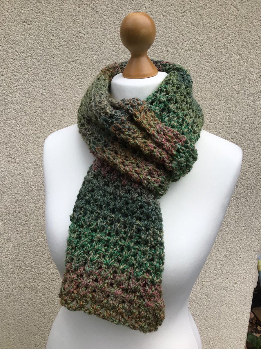 Chunky green marble scarf  hand crocheted