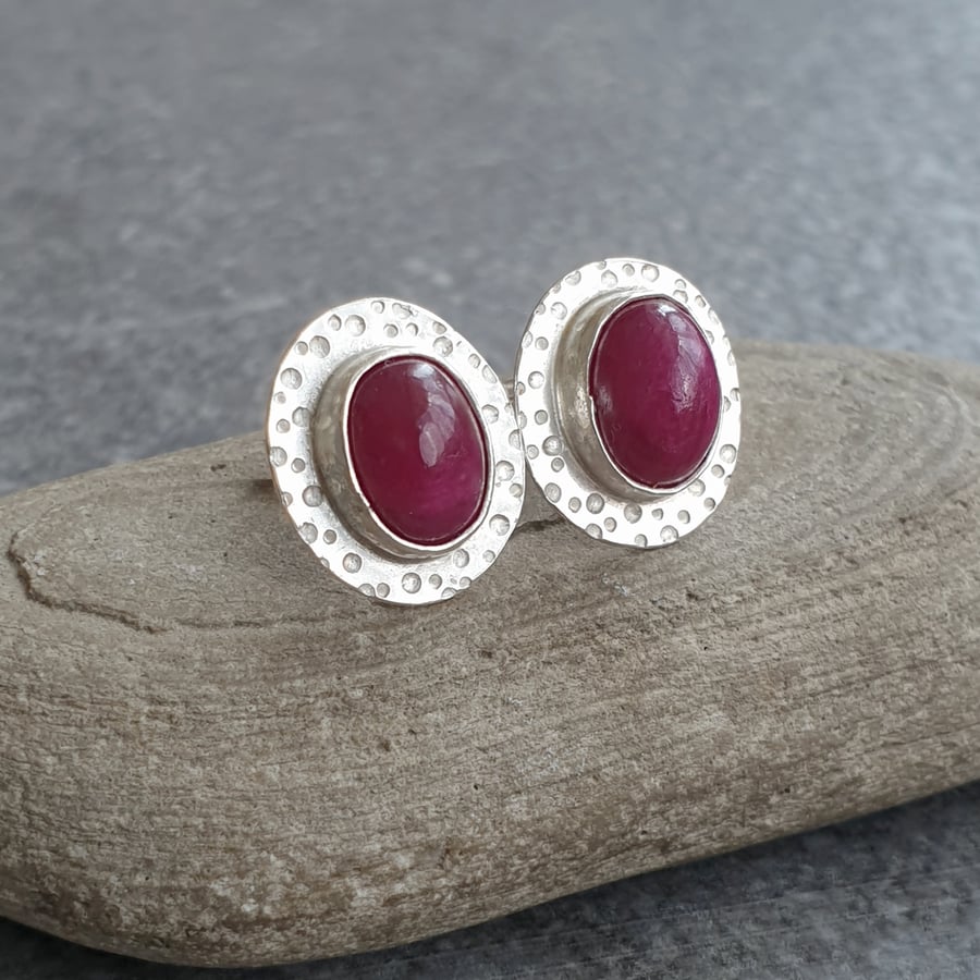 Ruby stud earrings, Oval studs, Red gemstone, July birthstone