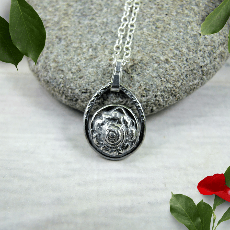 Silver Pebble Pendant with Embossed Rose, Recycled Silver Necklace