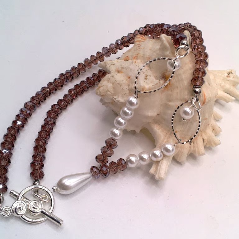 Purple Crystal White Pearl and Silver Plated Faceted Oval Necklace, Gift for Her