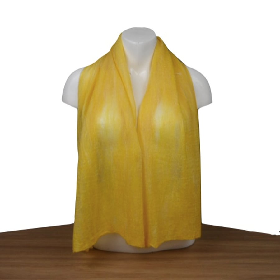 Yellow nuno felted scarf, wool on silk, gift boxed