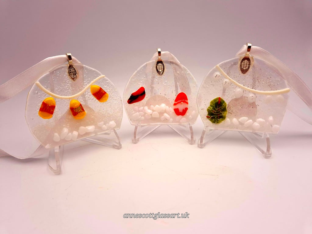 Set of Three Handmade Fused Glass 3D Snow Scene Baubles