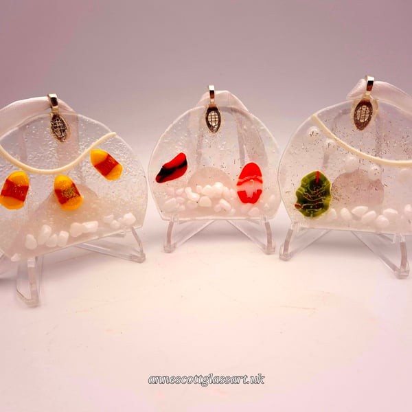 Set of Three Handmade Fused Glass 3D Snow Scene Baubles