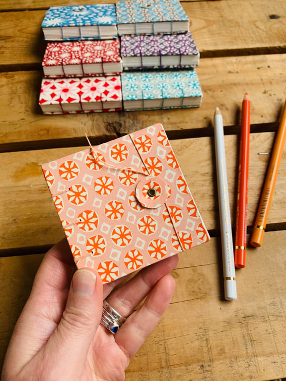 Mini Hand Bound Mixed Media Sketchbook with Button Closure. Orange and Cream.