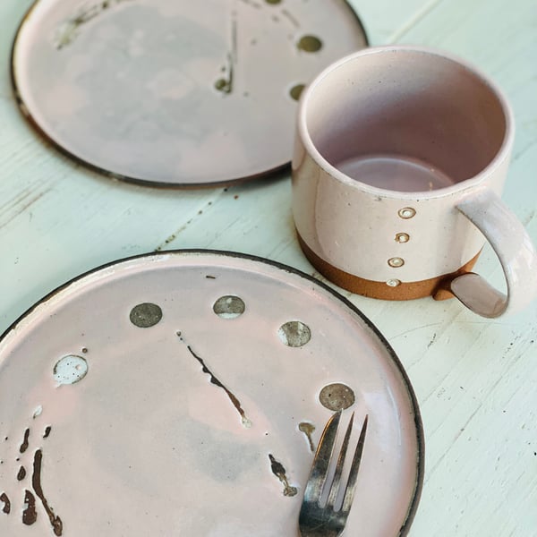 Pink cup and plate - perfect for tea, coffee and cake.