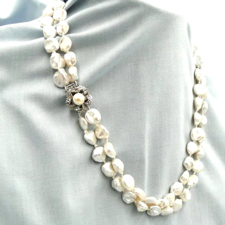 Image of Natural pearl necklace with a special silver crystal clasp  A unique gift