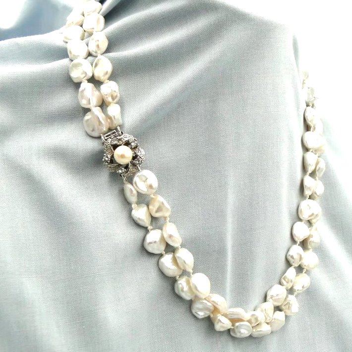 Natural pearl necklace with a special silver crystal clasp  A unique gift