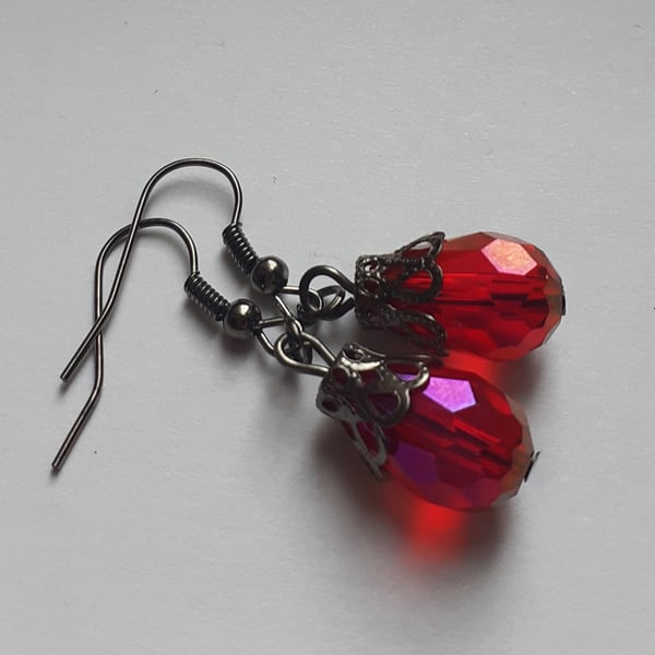 Gunmetal Red Ab Crystal Teardrop Drop Dangle Dangly Gothic Earrings