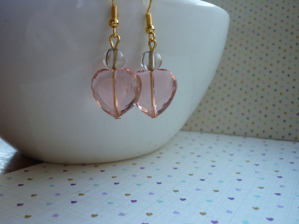PEACH AND GOLD CRYSTAL HEART EARRINGS,