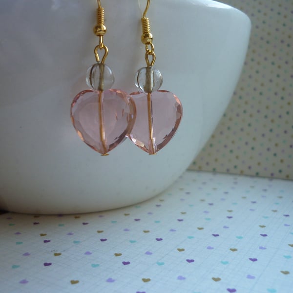 PEACH AND GOLD CRYSTAL HEART EARRINGS,