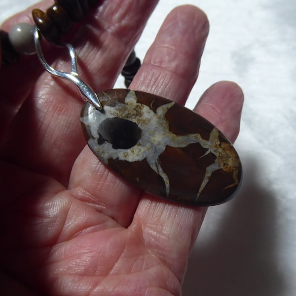 Black Septarian Pendant Necklace with Bronzite & Ocean Jasper Gemstones 