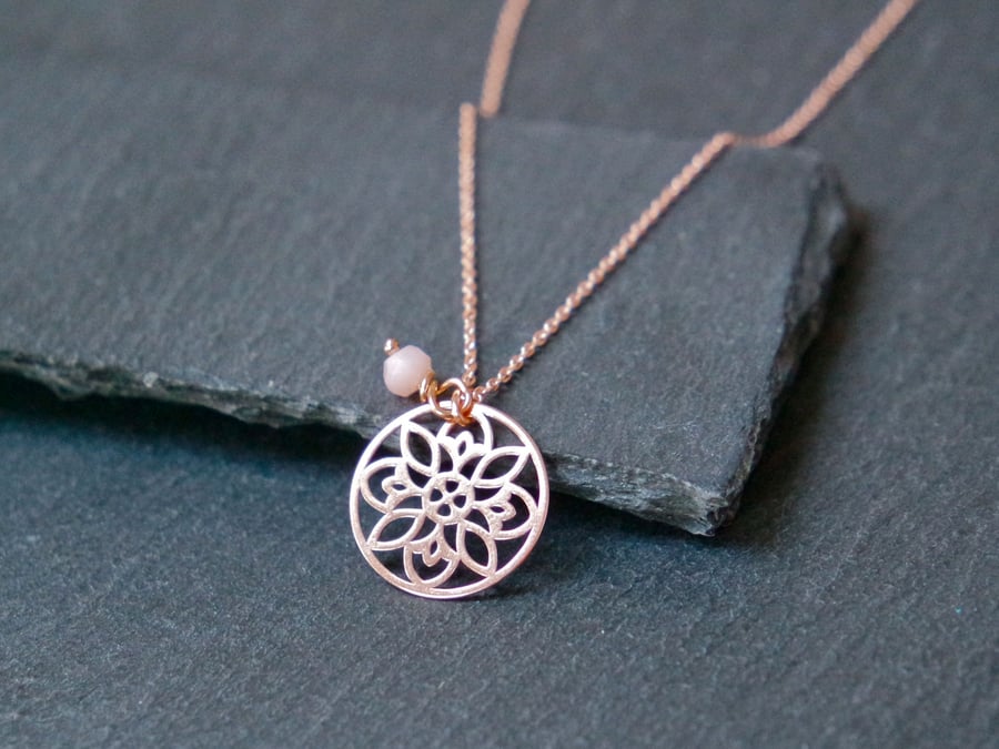 925 Sterling Silver Flower Mandala Necklace - Rose Gold Plated Opal