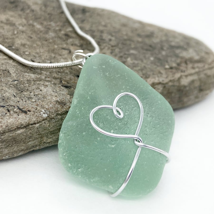 Green Scottish Sea Glass Heart Pendant Necklace Silver Wire Seaglass Jewellery