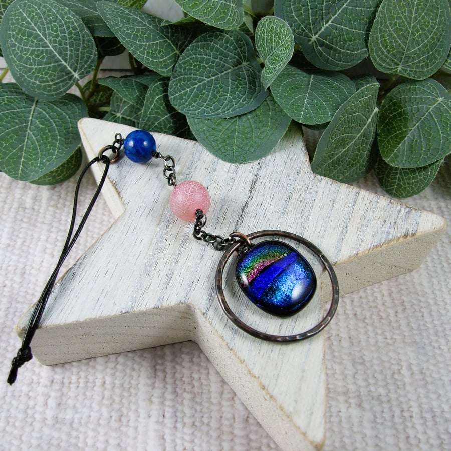 Dichroic Glass and Copper Sun Catcher. Hanging Decoration with Gemstones