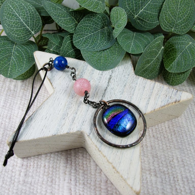 Dichroic Glass and Copper Sun Catcher. Hanging Decoration with Gemstones