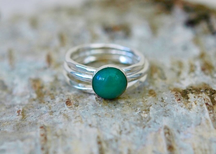 Trio of  Silver Stacking Rings with Green Agate Gemstone