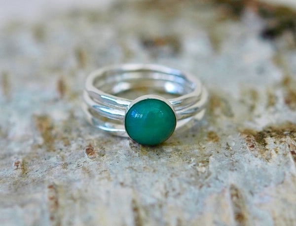 Trio of  Silver Stacking Rings with Green Agate Gemstone