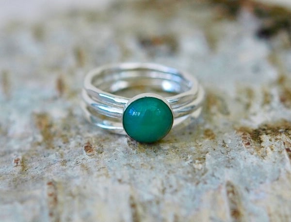 Trio of  Silver Stacking Rings with Green Agate Gemstone