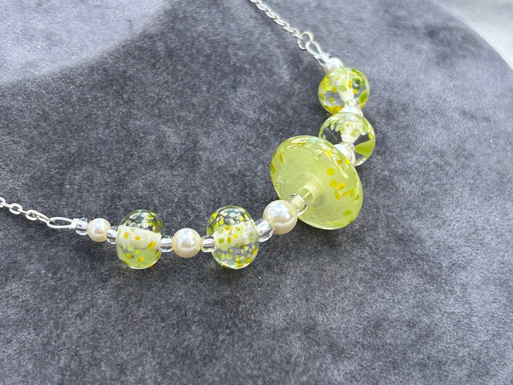 lemon yellow spotted lampwork glass beaded necklace