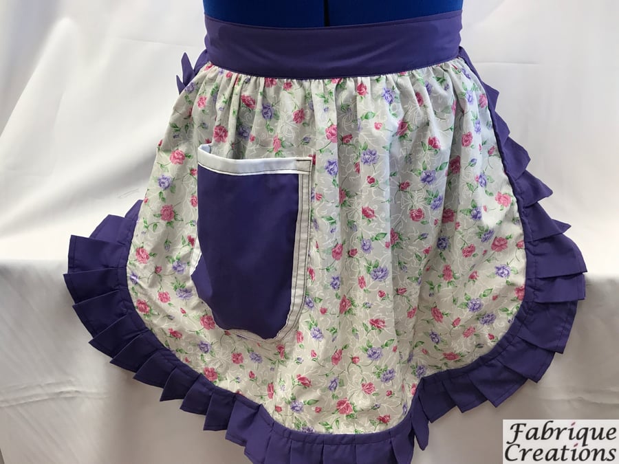 Vintage 50s Style Half Apron Pinny - Ivory with Pink & Purple Flowers and Purple