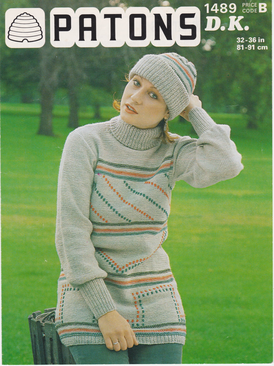 Vintage Knitting Pattern B1489: Patons, Bold Patterned Sweater and Hat 