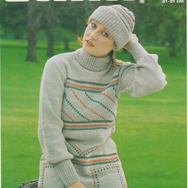 Vintage Knitting Pattern B1489: Patons, Bold Patterned Sweater and Hat 