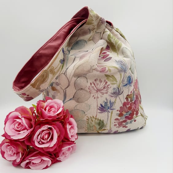 Knot bag, reversible,  botanical and pink velvet shoulder bag.  