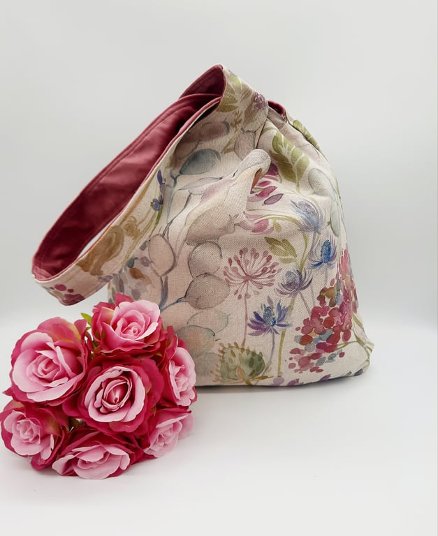 Knot bag, reversible,  botanical and pink velvet shoulder bag.  