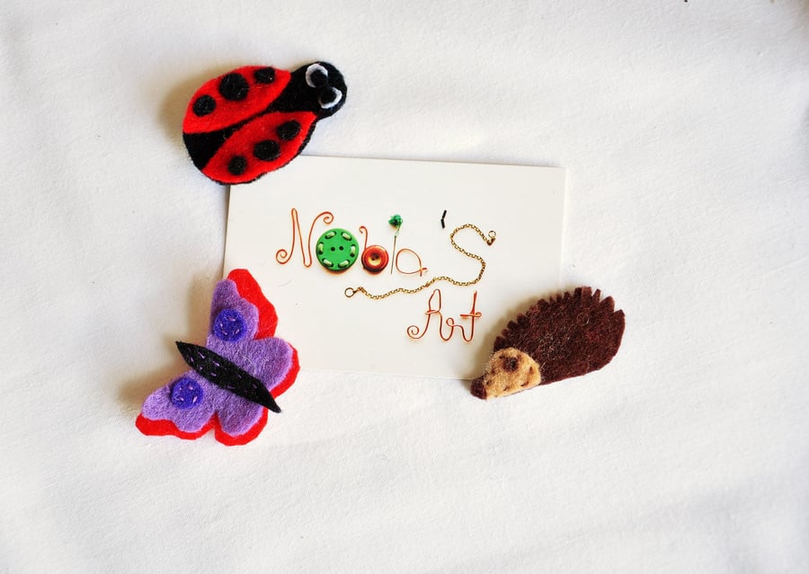 Animal fridge magnet, Set of 3, KItchen decor, Felt animals, Hedgehog, Butterly