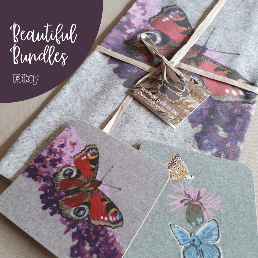 Beautiful Bundle for Butterfly Lovers, Tea towel and coaster set