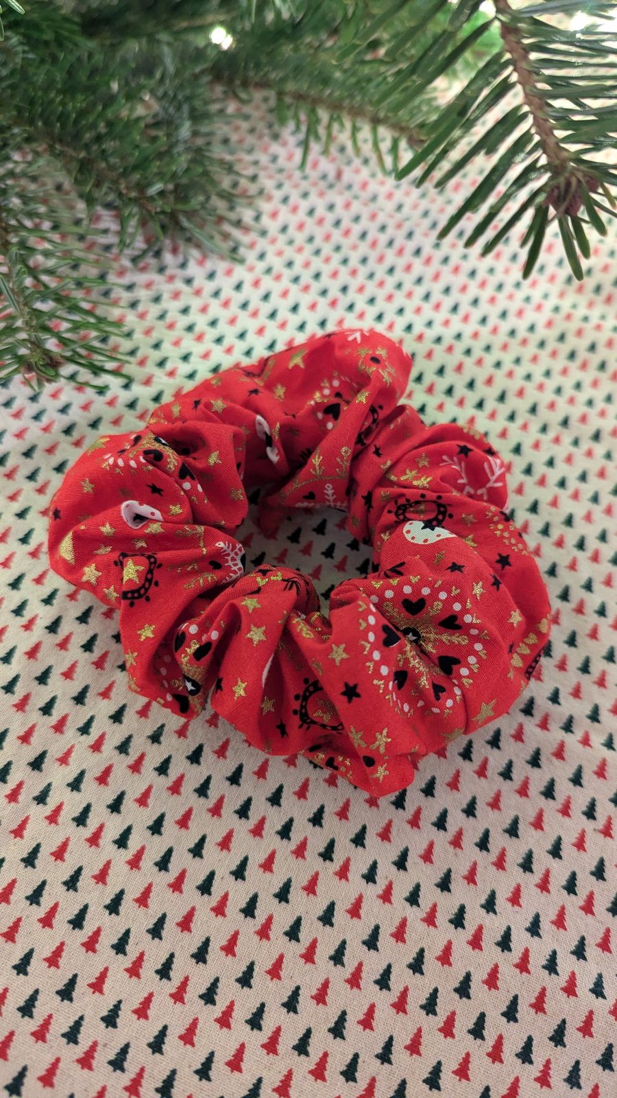 Red Patterned Christmas Scunchie
