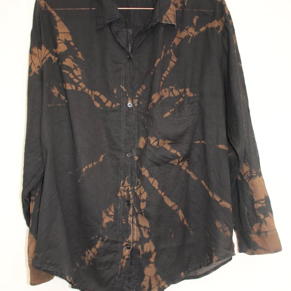 Unisex Vintage 90's reworked black and copper blouse ,Sexy sheer rust Tie Dye, 