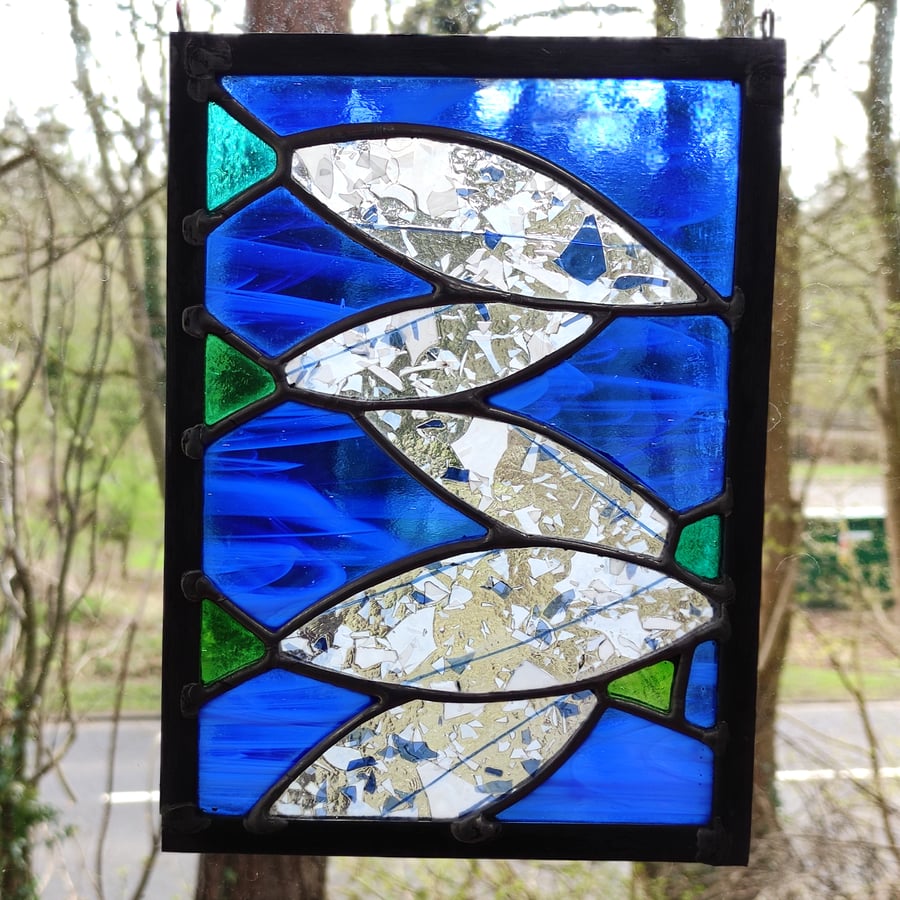 SOLD Stained glass five fishes hanging panel in copperfoil and lead 