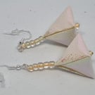 Pyramid-shaped origami earrings:  pale pink iridescent paper and small beads 