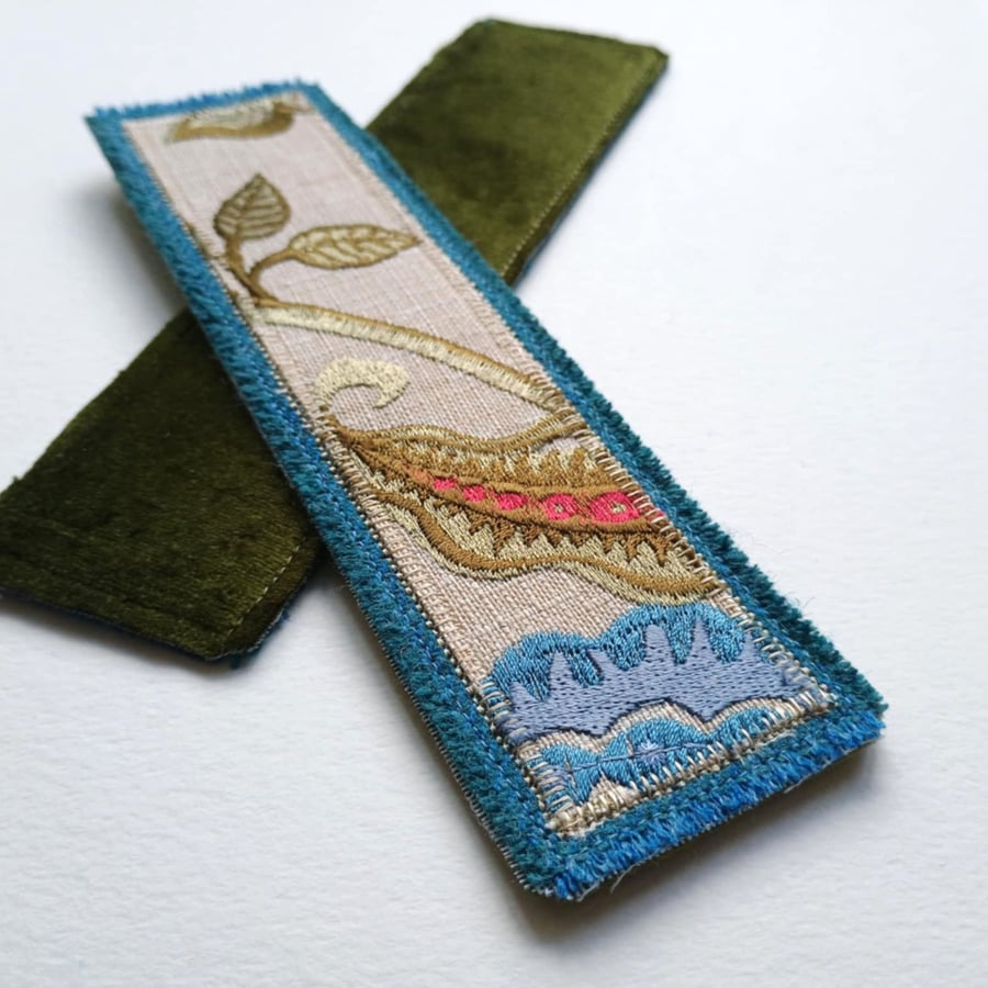 Textile bookmark - green and blue embroidered curtain, wool and velvet fabrics