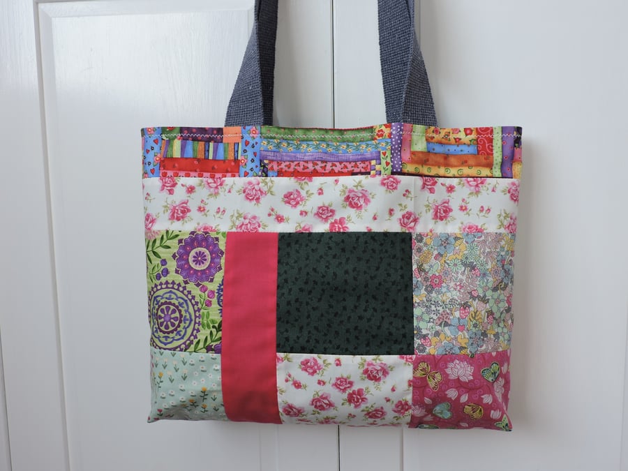 SALE Tote Bag Patchwork Purple White Green Pink