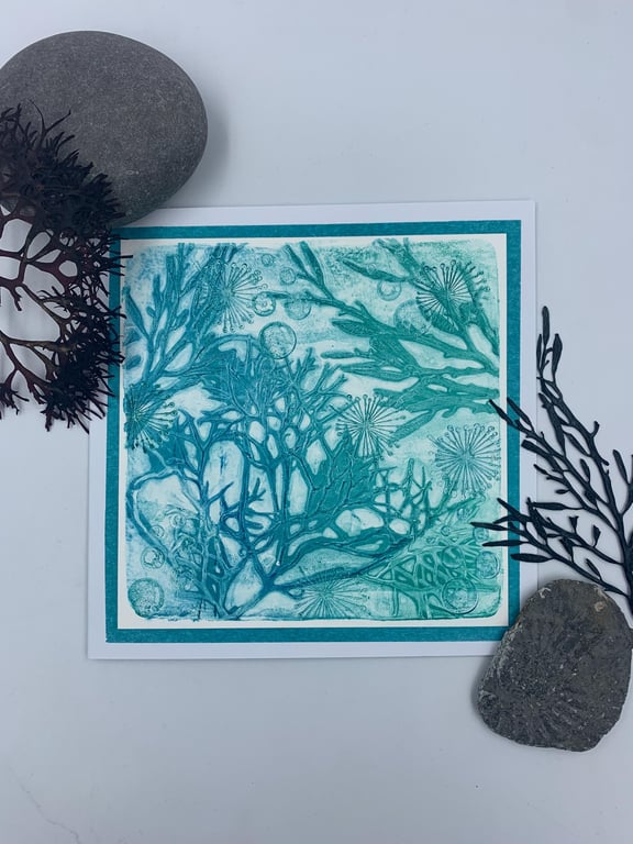 Original gelli print seaweed greetings card.