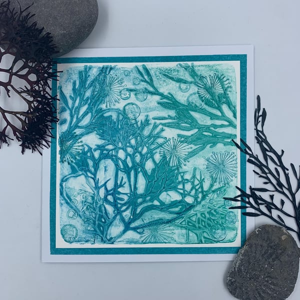 Original gelli print seaweed greetings card.