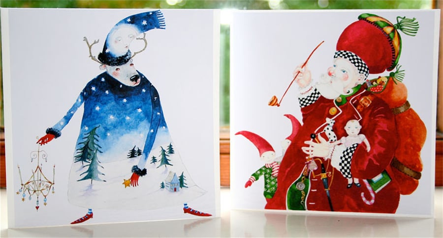 Father Christmas and winter Deer Christmas Cards  